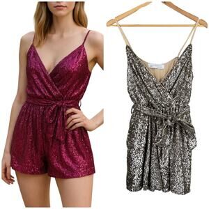 Mac Duggal NWT Fully Sequin Nude Silver Metallic Romper Size 4 Belted Pockets